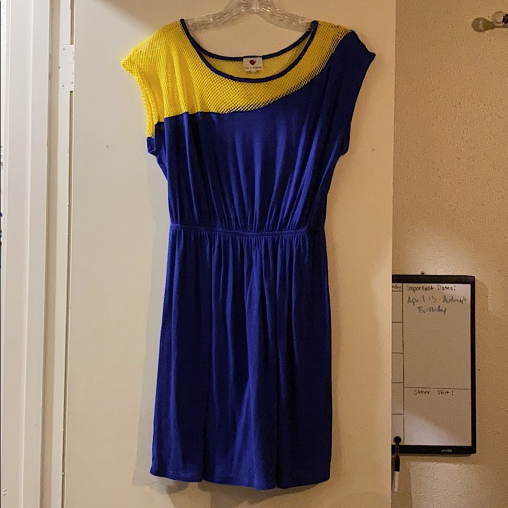 Blue Dress with Yellow Netted Shoulder
